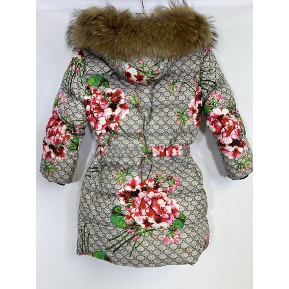 Girls Down Puffer Jacket Brown Floral Removable Hood Fur Trim Sz 8 - Picture 2 of 16
